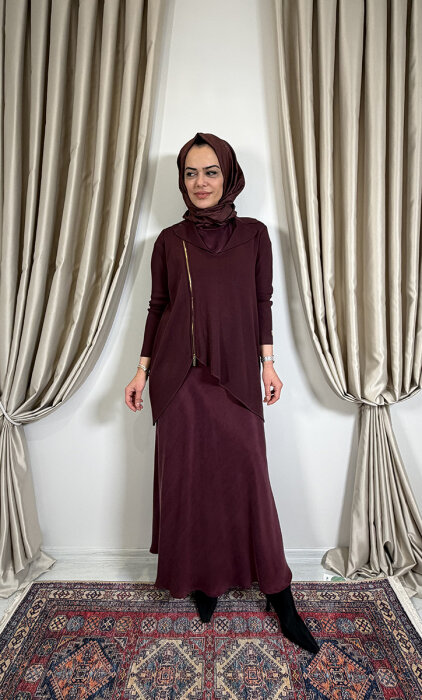 Miss Dalida Önden Fermuarlı Asimetrik Kesim Hırka Takım TOGA-BORDO - 3