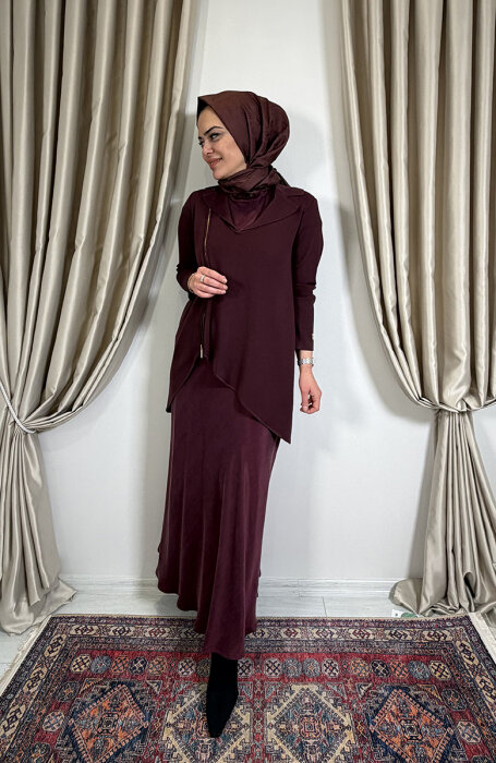 Miss Dalida Önden Fermuarlı Asimetrik Kesim Hırka Takım TOGA-BORDO - 4