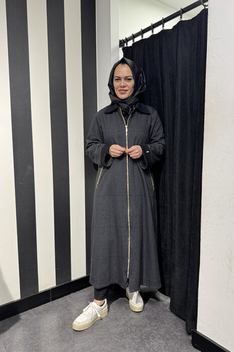 Miss Dalida Önden Fermuarlı Uzun Denim Kap BLACK - 1