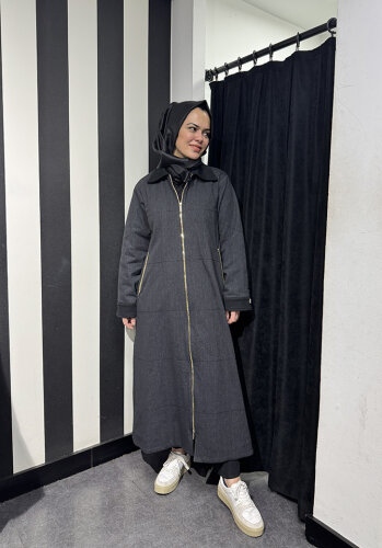 Miss Dalida Önden Fermuarlı Uzun Denim Kap BLACK - 2