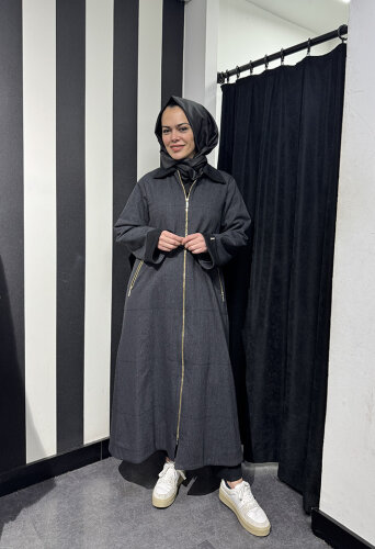 Miss Dalida Önden Fermuarlı Uzun Denim Kap BLACK - 3