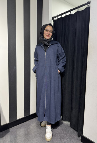 Miss Dalida Önden Fermuarlı Uzun Denim Kap Oası/Dark Navy - 2