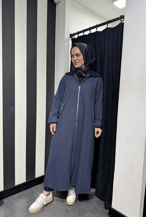 Miss Dalida Önden Fermuarlı Uzun Denim Kap Oası/Dark Navy - 3