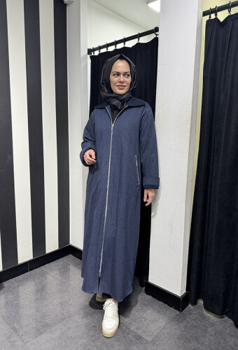 Miss Dalida Önden Fermuarlı Uzun Denim Kap Oası/Dark Navy - 4