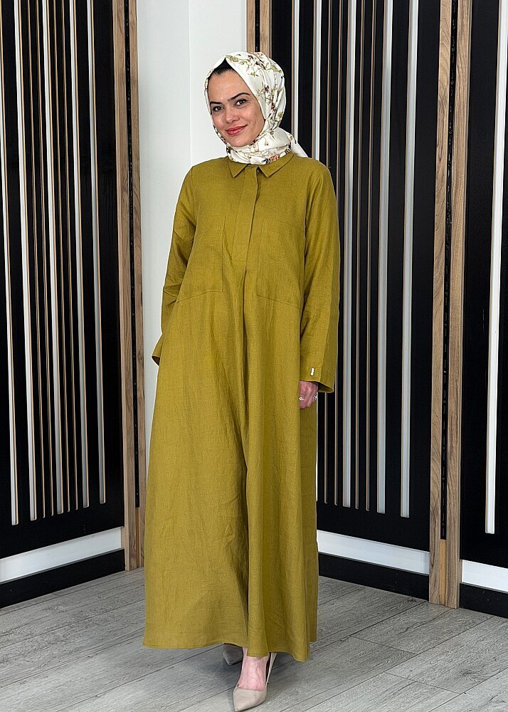 Miss Dalida Önü Cepli Basic Keten Elbise Amber 