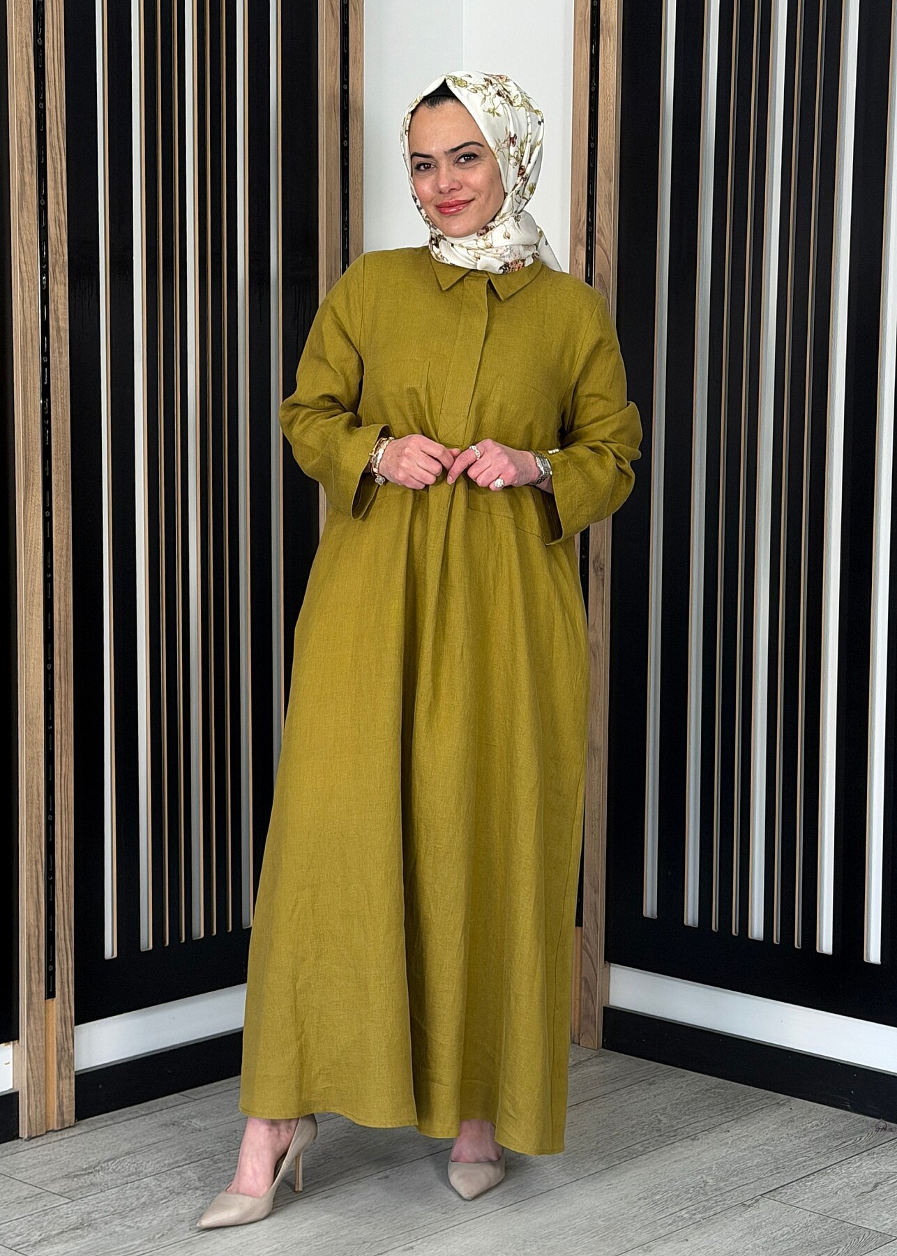 Miss Dalida Önü Cepli Basic Keten Elbise Amber - 3