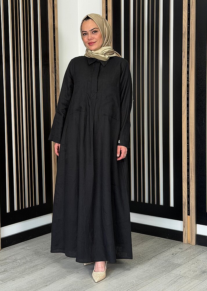 Miss Dalida Önü Cepli Basic Keten Elbise BLACK
