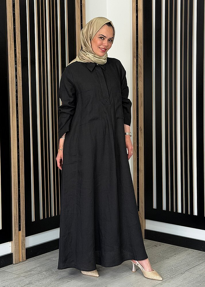 Miss Dalida Önü Cepli Basic Keten Elbise BLACK - 2