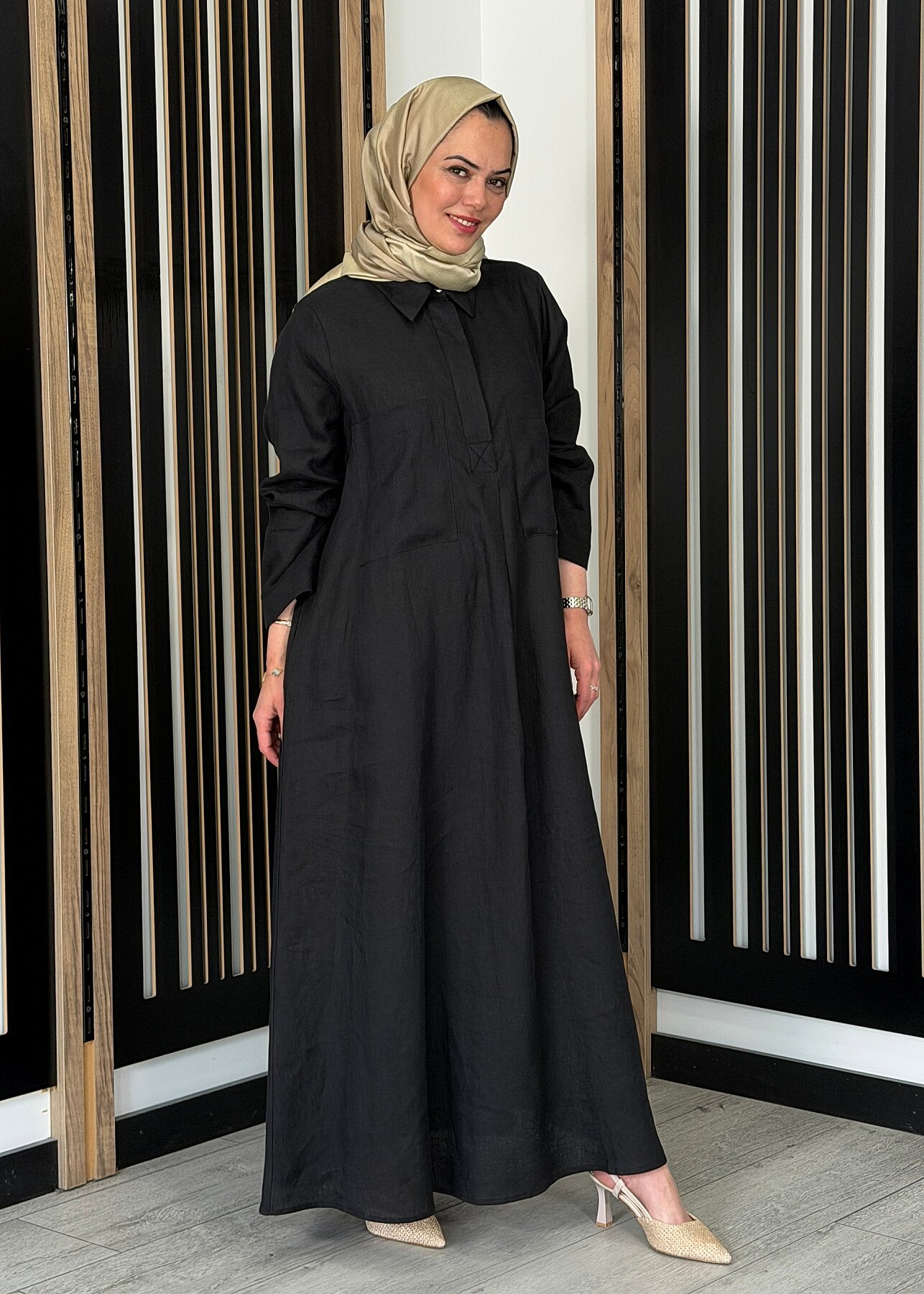 Miss Dalida Önü Cepli Basic Keten Elbise BLACK - 2