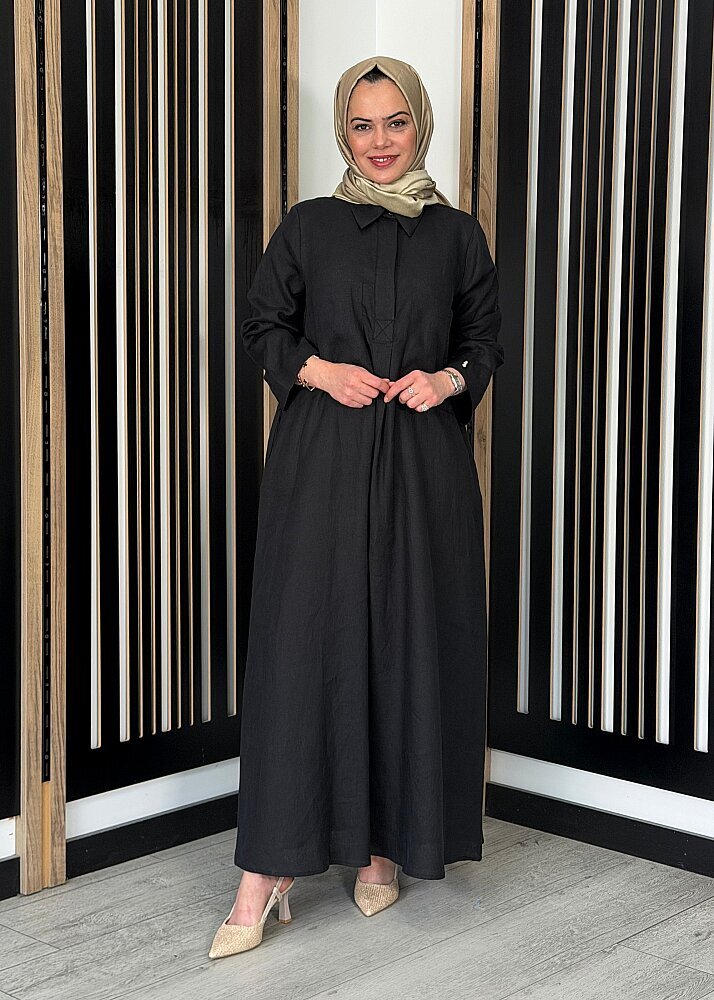 Miss Dalida Önü Cepli Basic Keten Elbise BLACK - 3