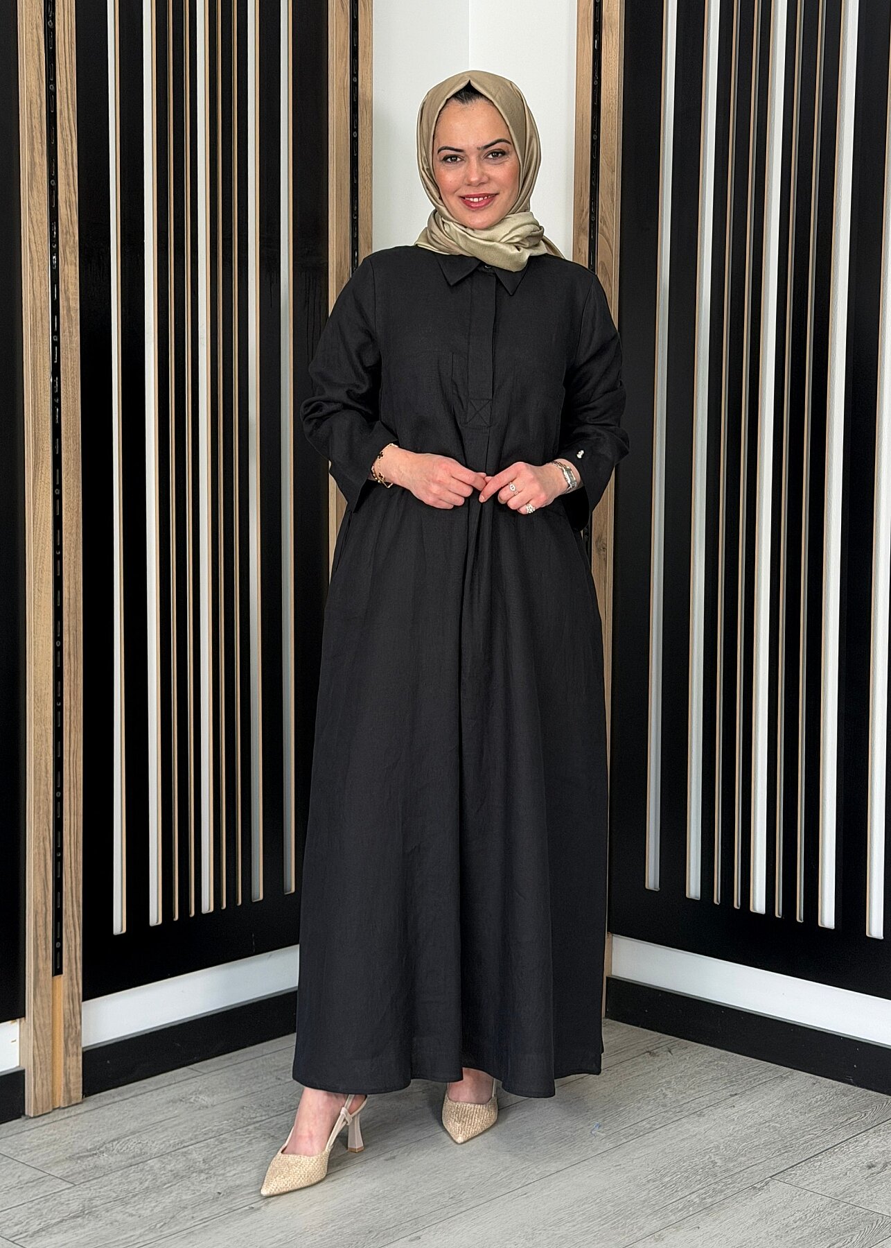 Miss Dalida Önü Cepli Basic Keten Elbise BLACK - 3