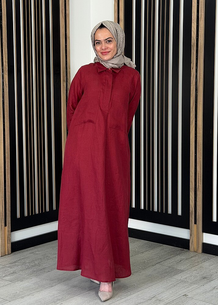 Miss Dalida Önü Cepli Basic Keten Elbise Cherry 