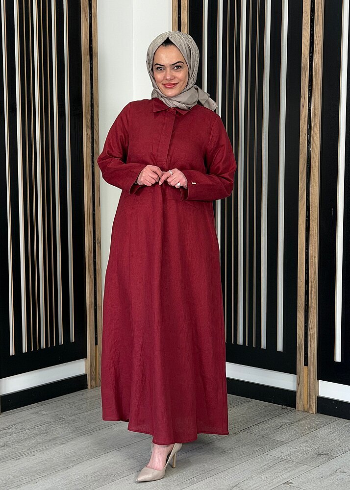 Miss Dalida Önü Cepli Basic Keten Elbise Cherry - 2