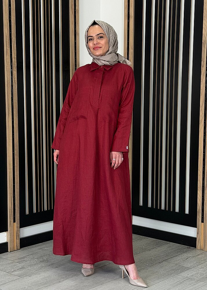 Miss Dalida Önü Cepli Basic Keten Elbise Cherry - 3