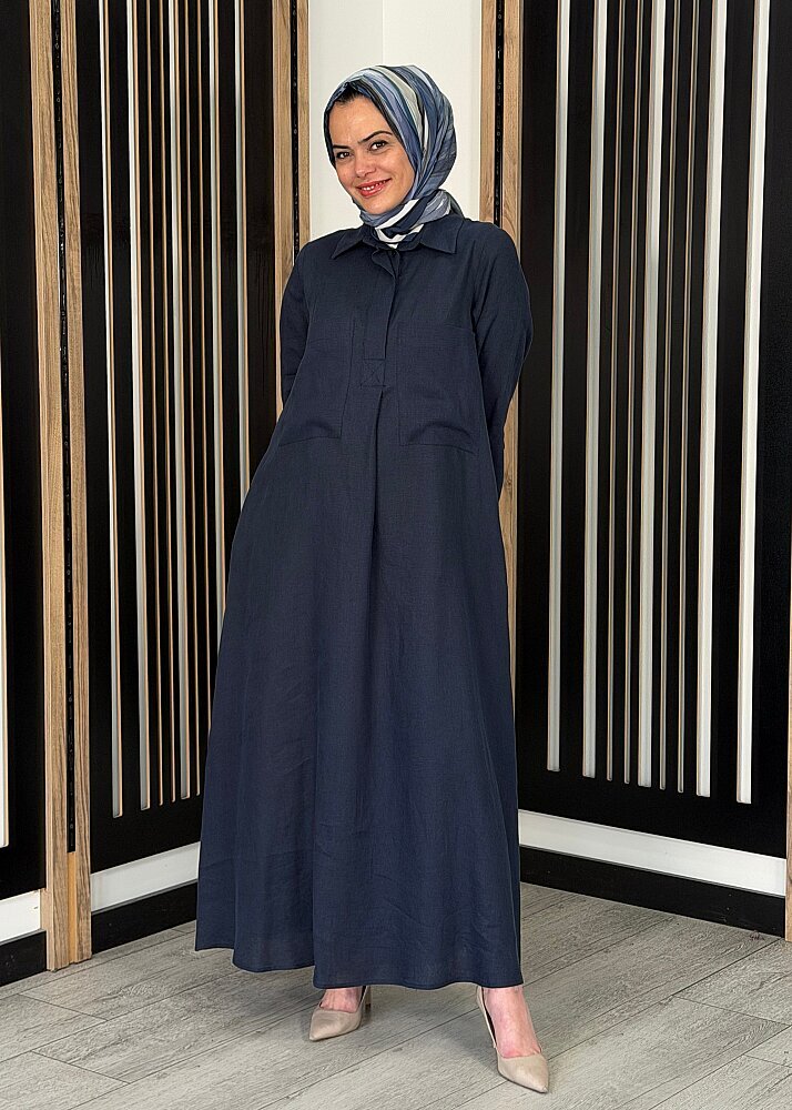 Miss Dalida Önü Cepli Basic Keten Elbise Dark Navy 