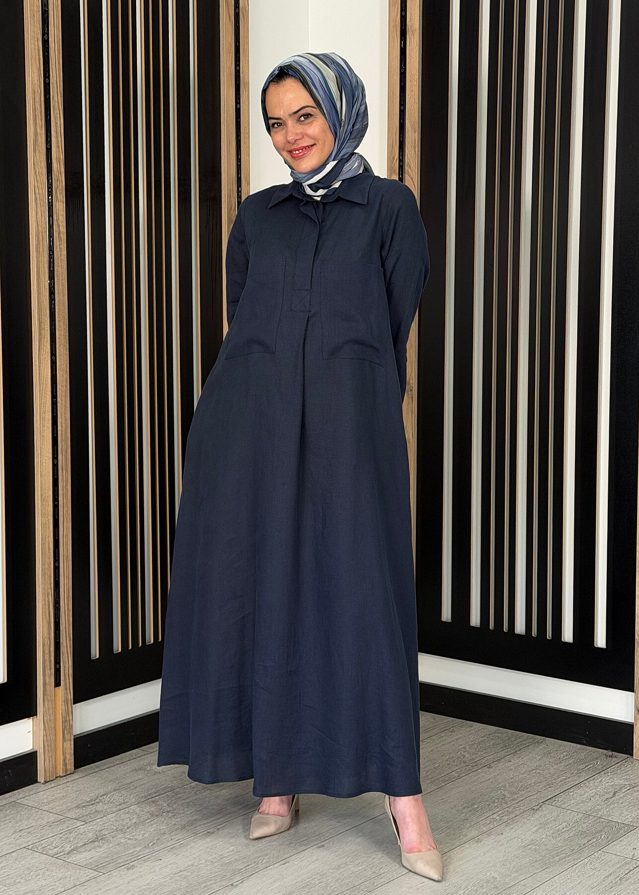 Miss Dalida Önü Cepli Basic Keten Elbise Dark Navy - 1