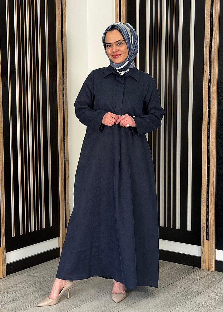 Miss Dalida Önü Cepli Basic Keten Elbise Dark Navy - 2