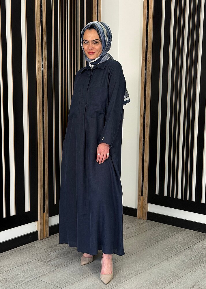 Miss Dalida Önü Cepli Basic Keten Elbise Dark Navy - 3