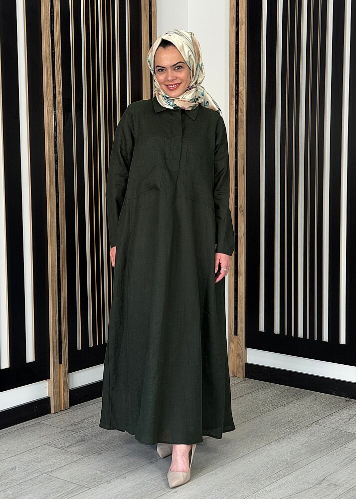 Miss Dalida Önü Cepli Basic Keten Elbise KHAKİ 