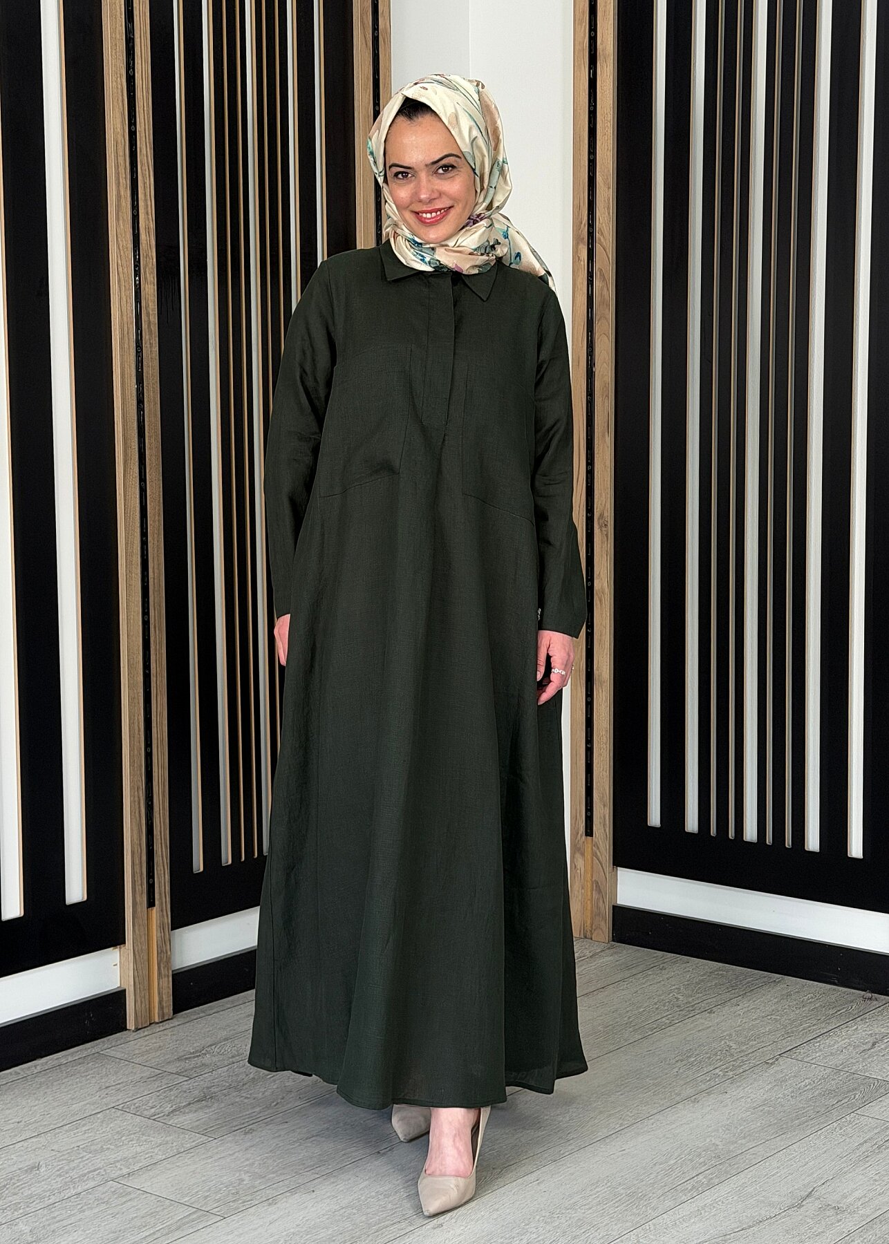 Miss Dalida Önü Cepli Basic Keten Elbise KHAKİ - 1