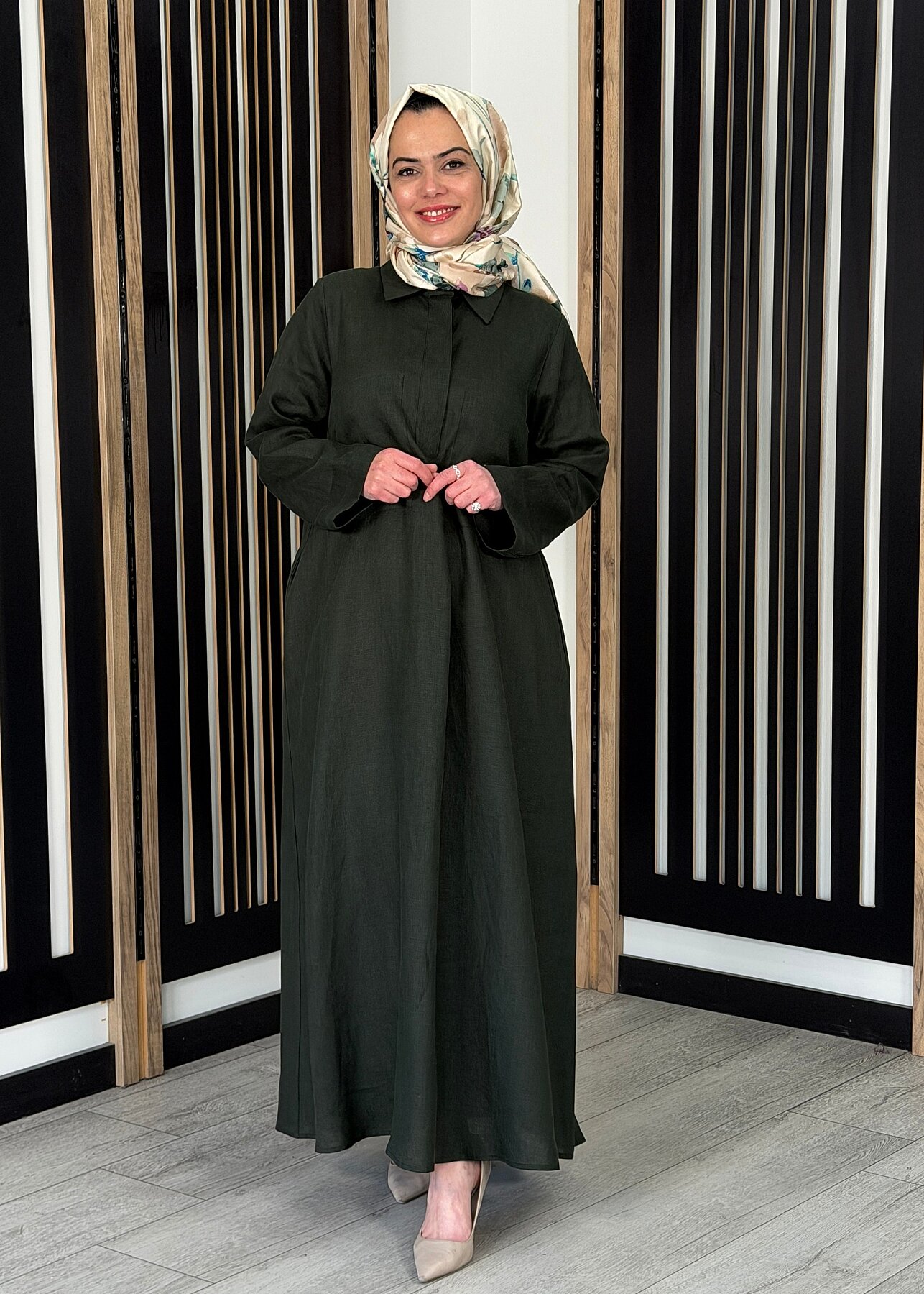 Miss Dalida Önü Cepli Basic Keten Elbise KHAKİ - 2