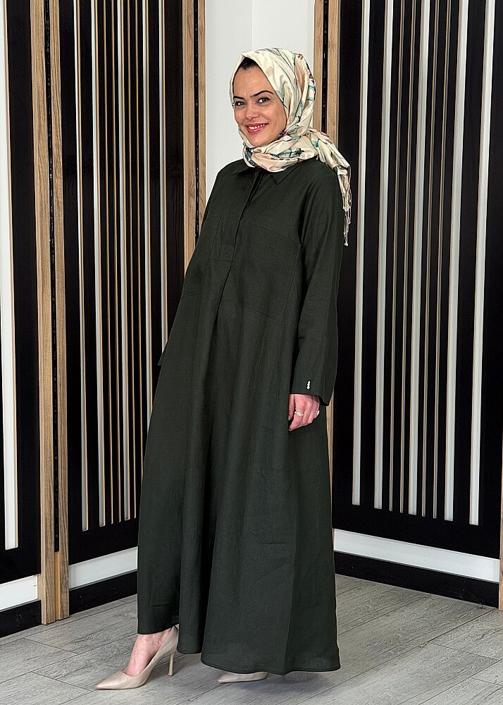 Miss Dalida Önü Cepli Basic Keten Elbise KHAKİ - 3