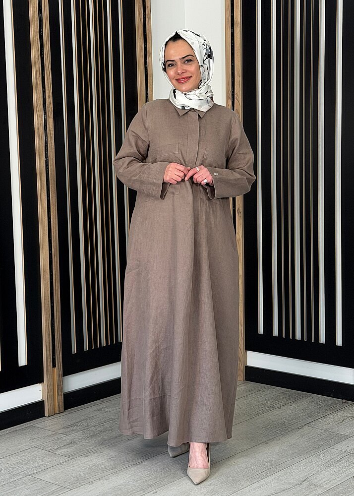 Miss Dalida Önü Cepli Basic Keten Elbise MİNK - 2