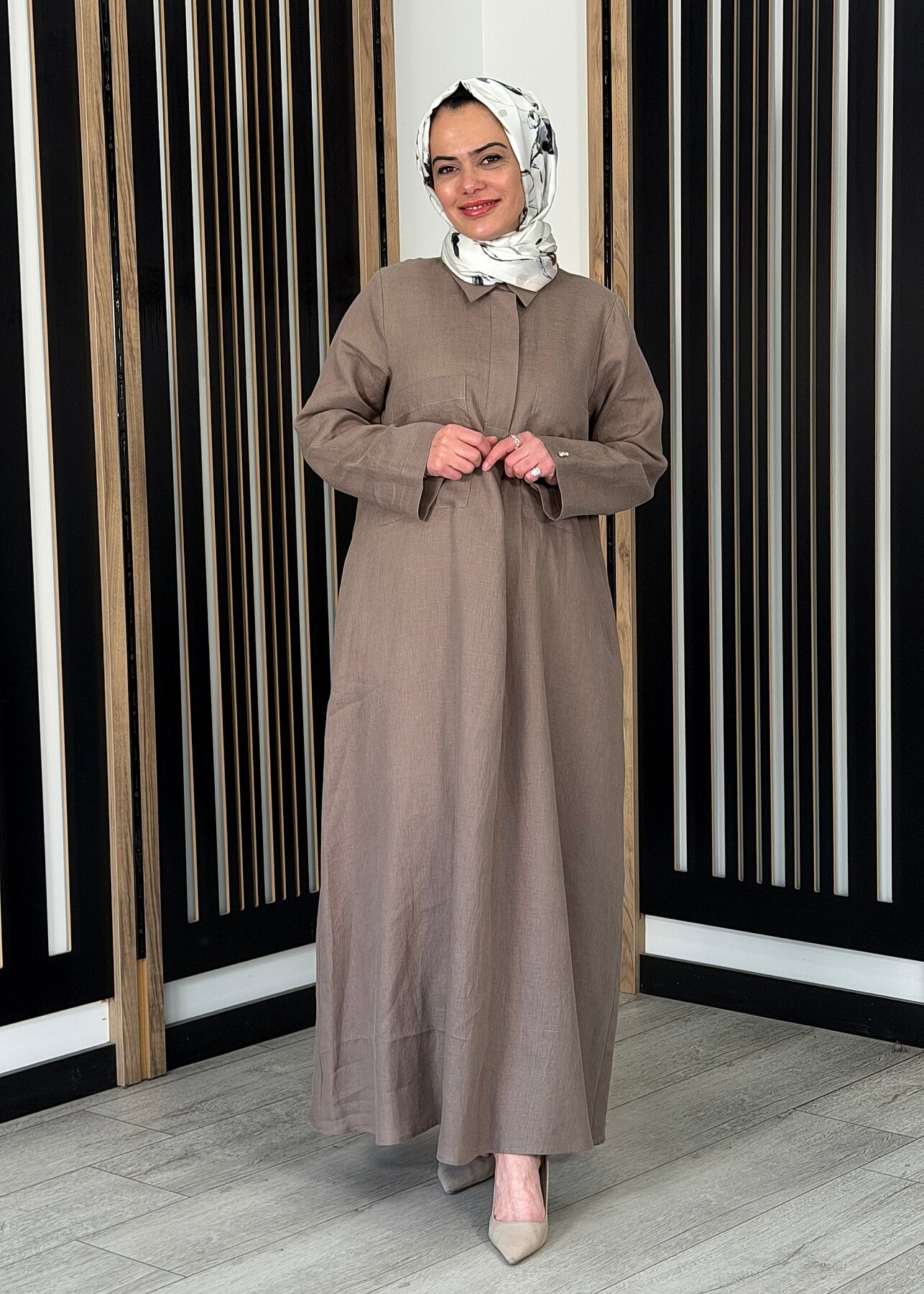 Miss Dalida Önü Cepli Basic Keten Elbise MİNK - 2