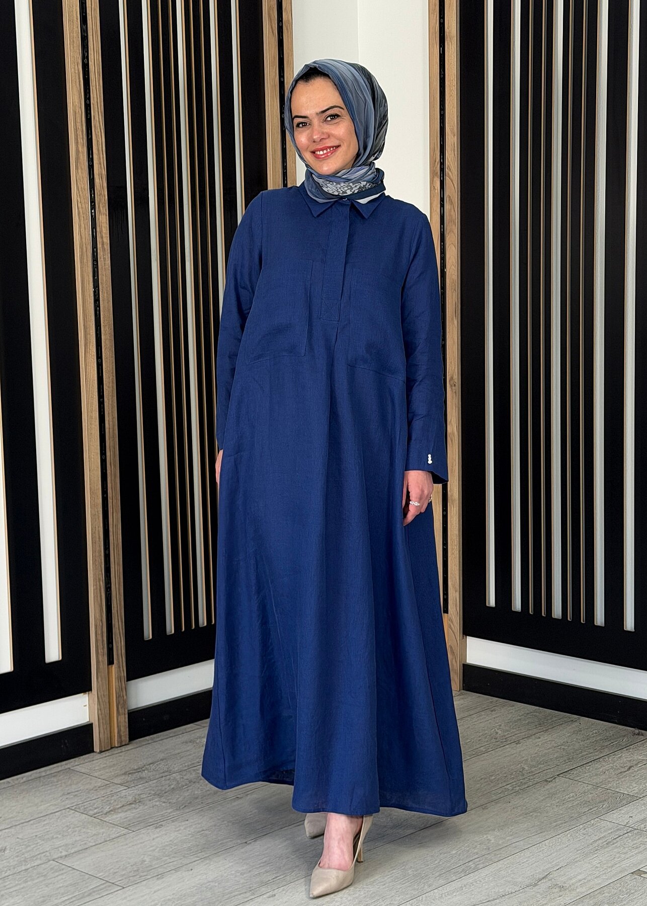 Miss Dalida Önü Cepli Basic Keten Elbise Navy - 1