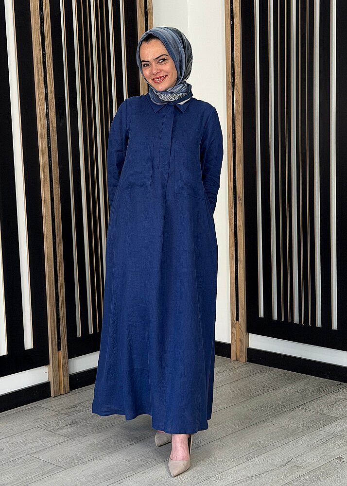 Miss Dalida Önü Cepli Basic Keten Elbise Navy - 2