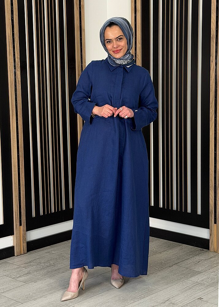 Miss Dalida Önü Cepli Basic Keten Elbise Navy - 3