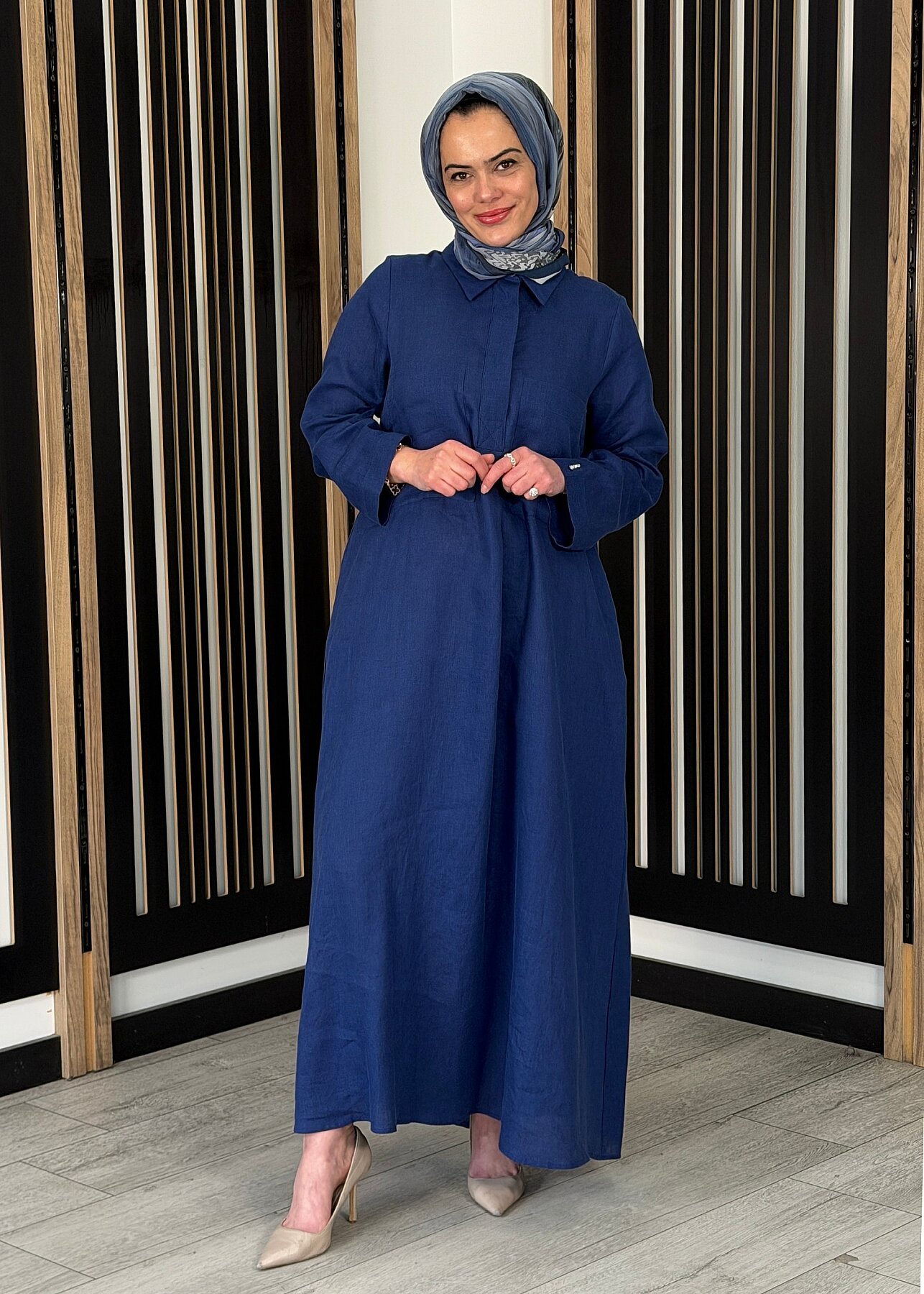 Miss Dalida Önü Cepli Basic Keten Elbise Navy - 3
