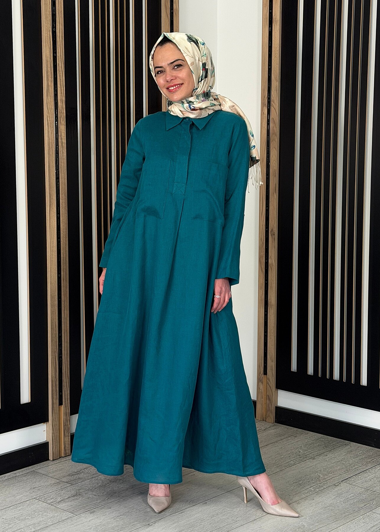 Miss Dalida Önü Cepli Basic Keten Elbise North Sea - 1