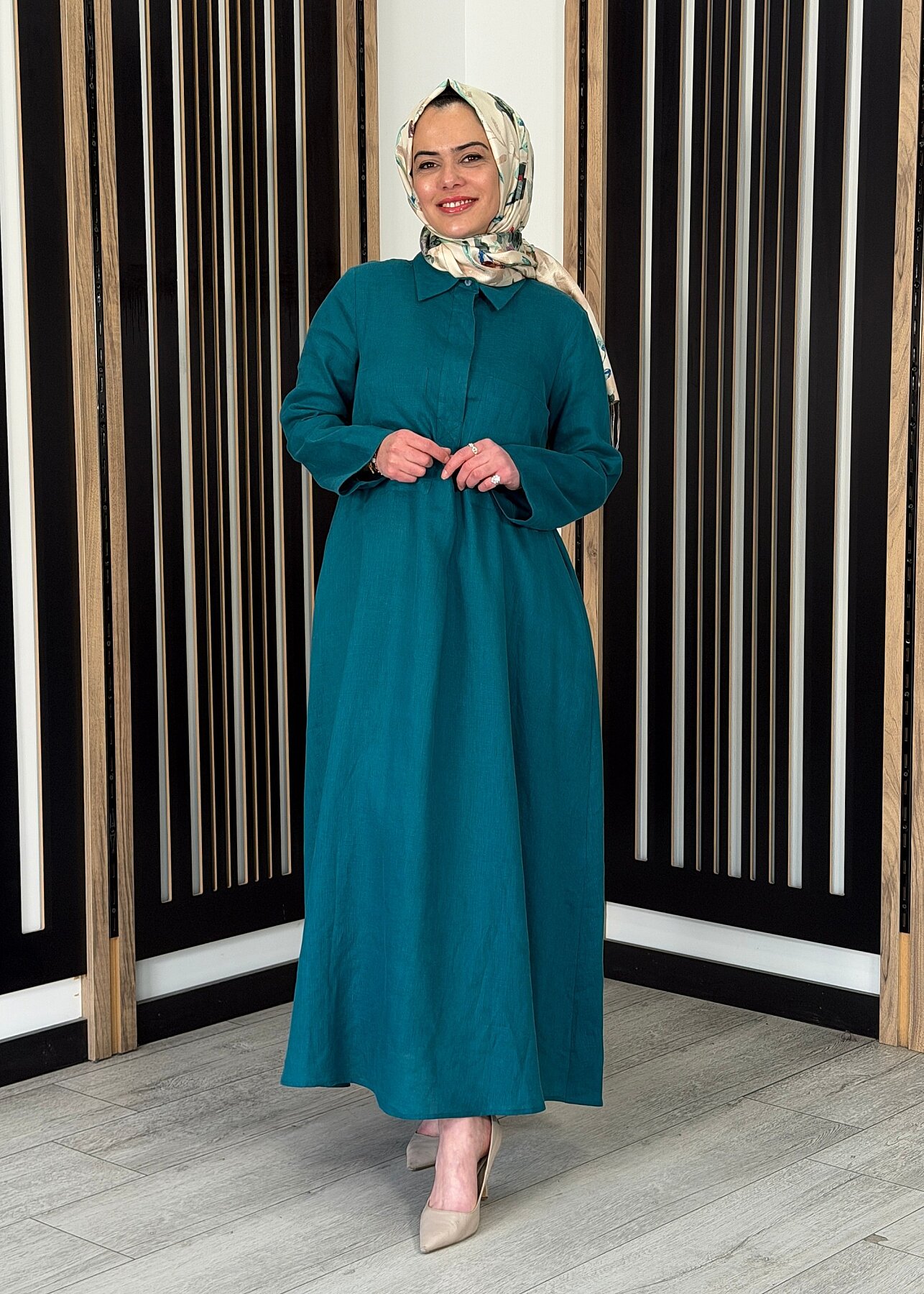 Miss Dalida Önü Cepli Basic Keten Elbise North Sea - 2