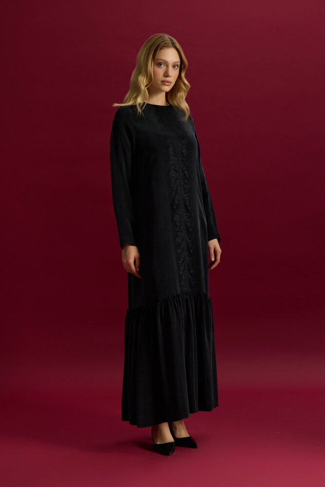 Miss Dalida Önü Dantelli Cupro Elbise BLACK - 2