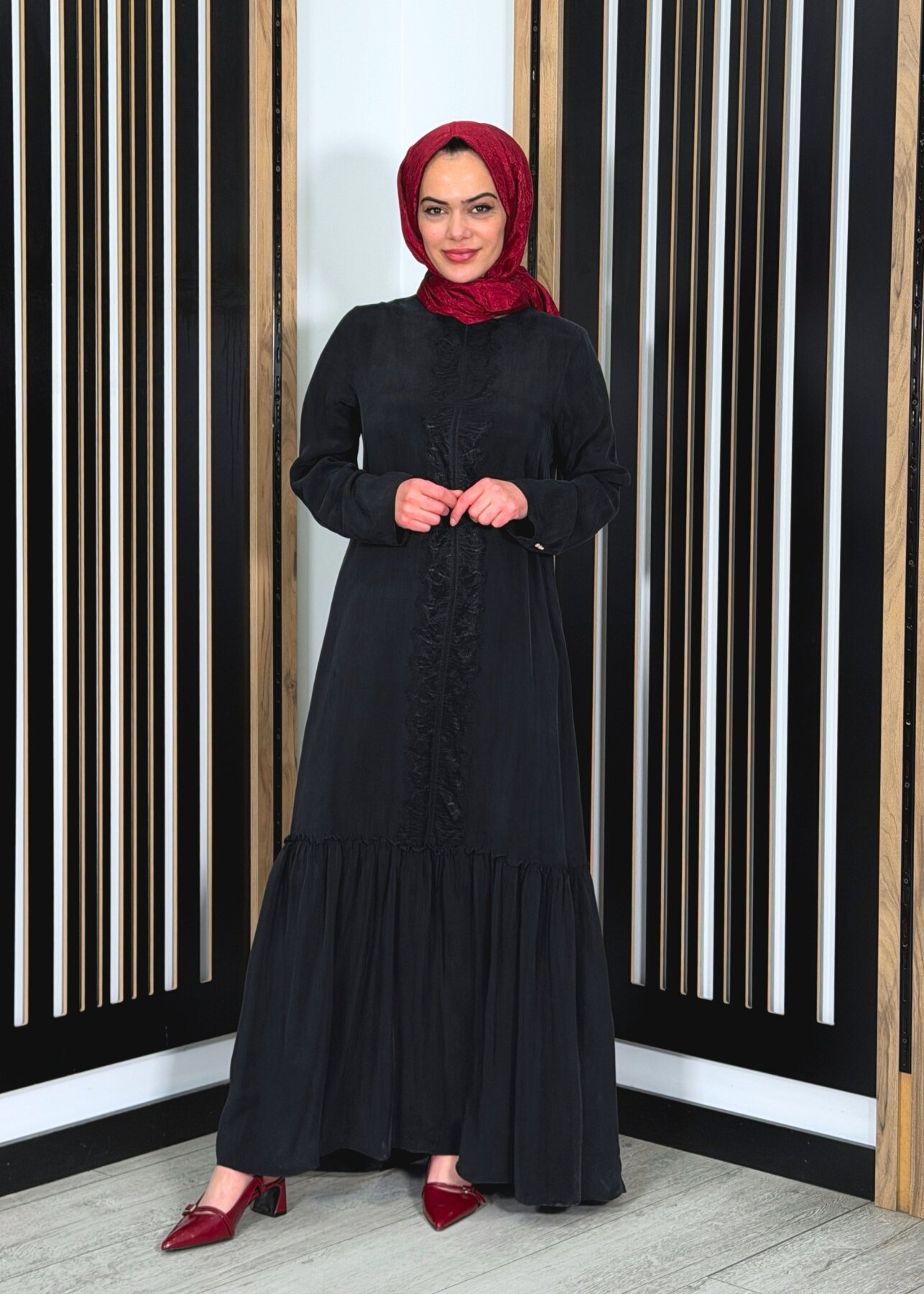 Miss Dalida Önü Dantelli Cupro Elbise BLACK - 1