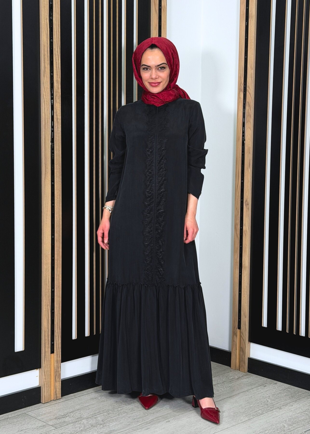 Miss Dalida Önü Dantelli Cupro Elbise BLACK - 3