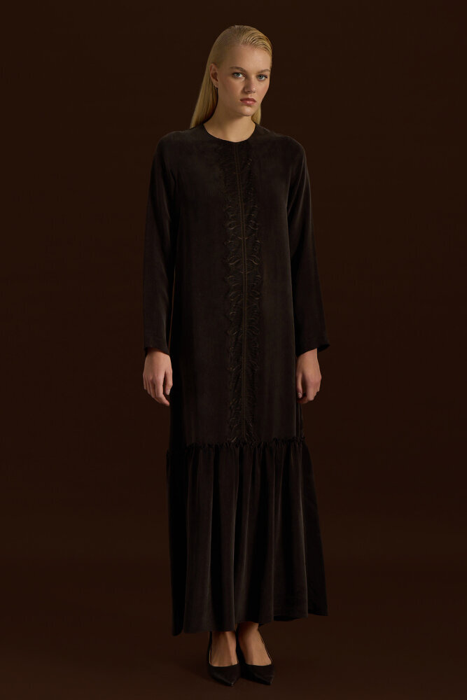 Miss Dalida Önü Dantelli Cupro Elbise Cacao 