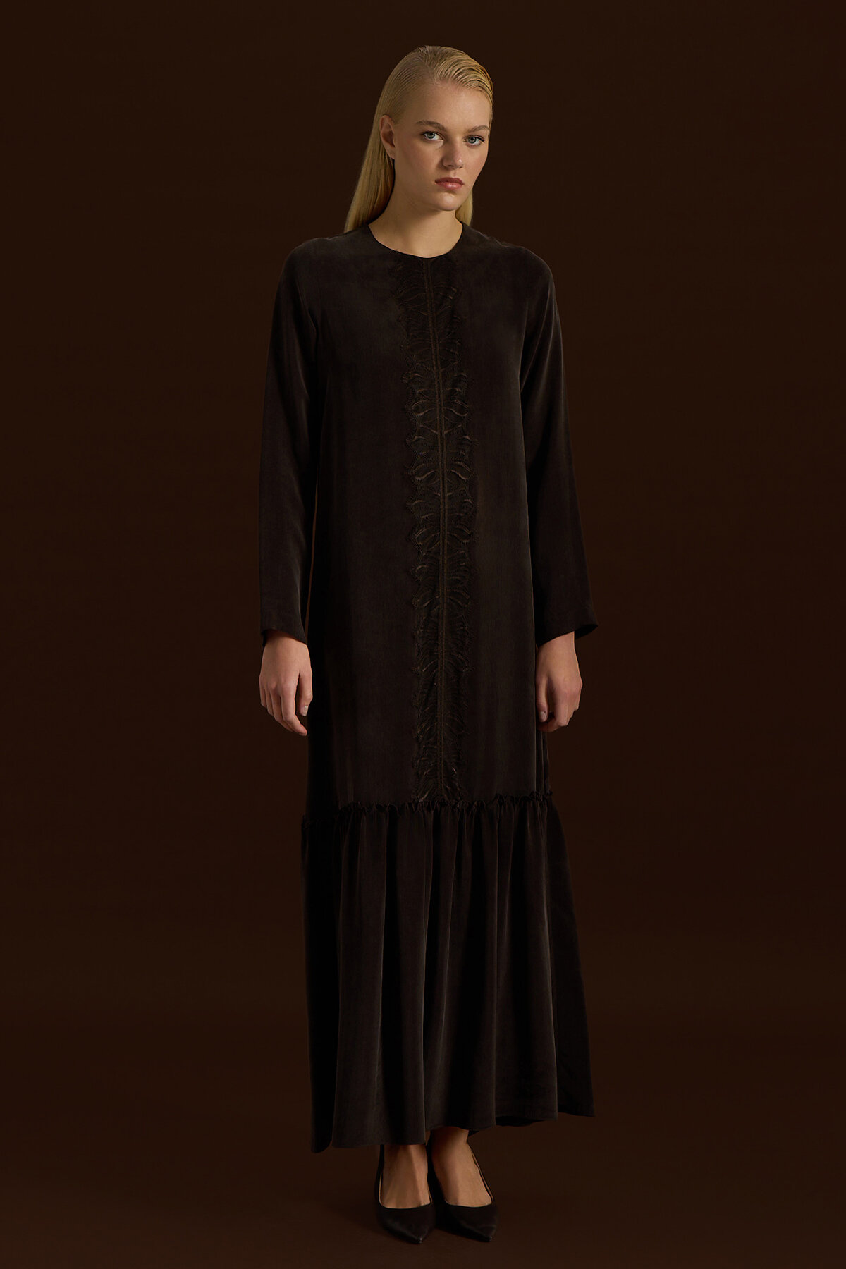 Miss Dalida Önü Dantelli Cupro Elbise Cacao - 1