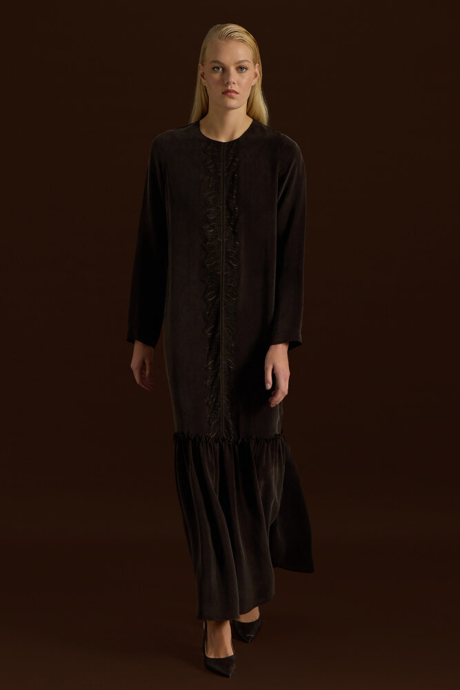 Miss Dalida Önü Dantelli Cupro Elbise Cacao - 2