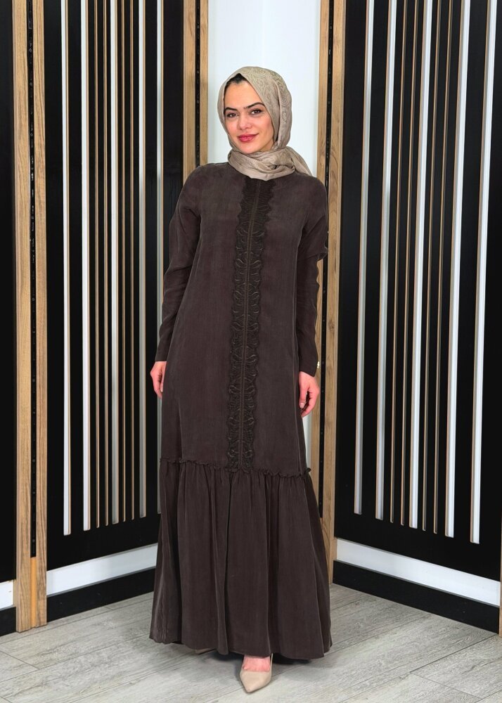 Miss Dalida Önü Dantelli Cupro Elbise Cacao 