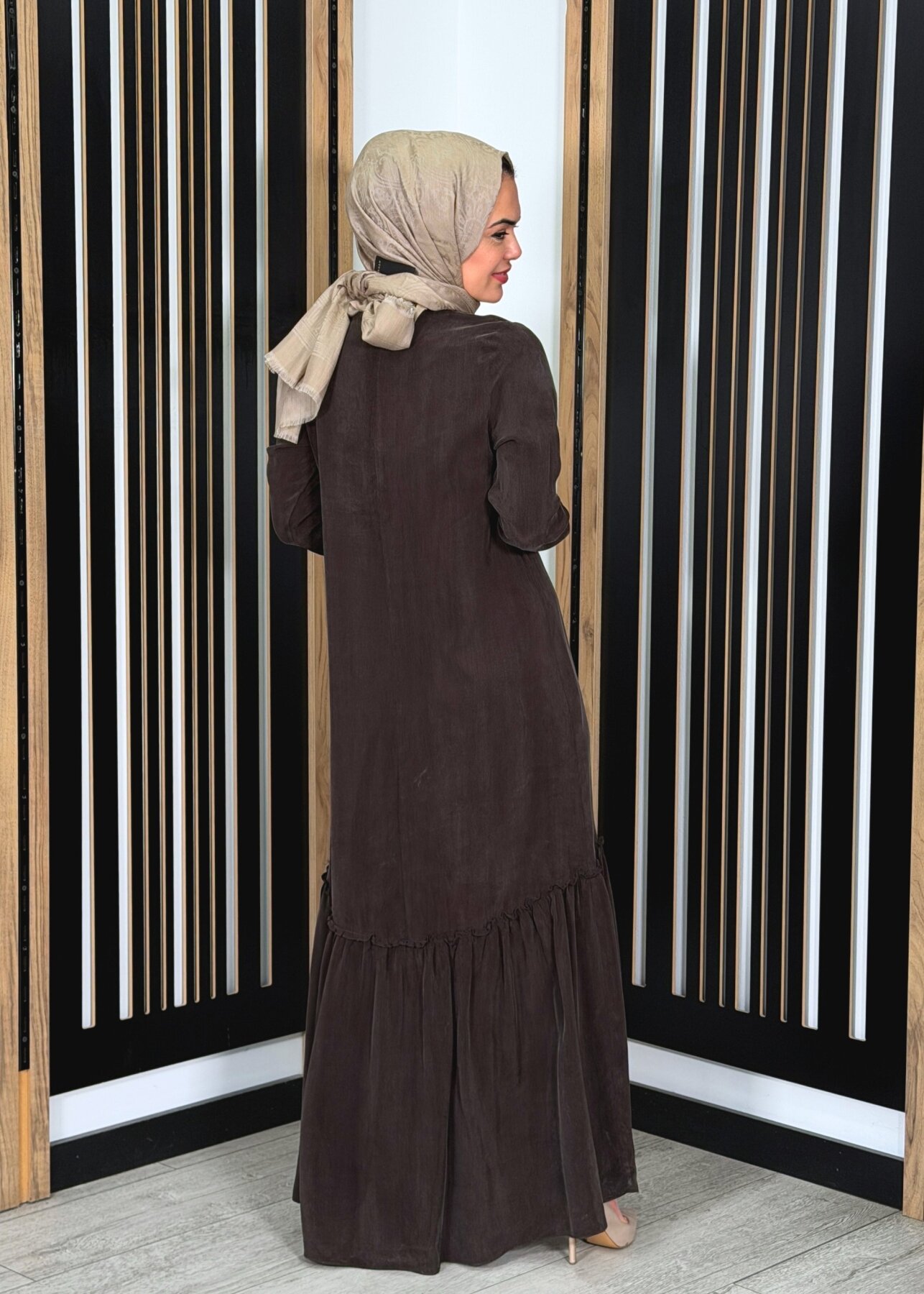 Miss Dalida Önü Dantelli Cupro Elbise Cacao - 3