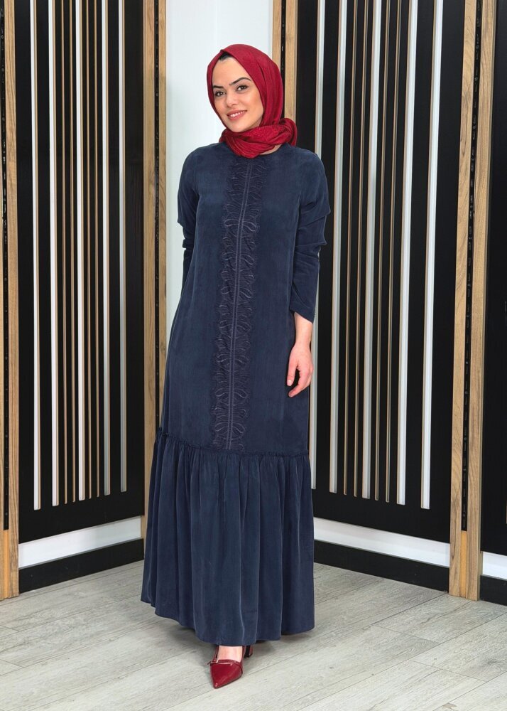 Miss Dalida Önü Dantelli Cupro Elbise Dark Navy 