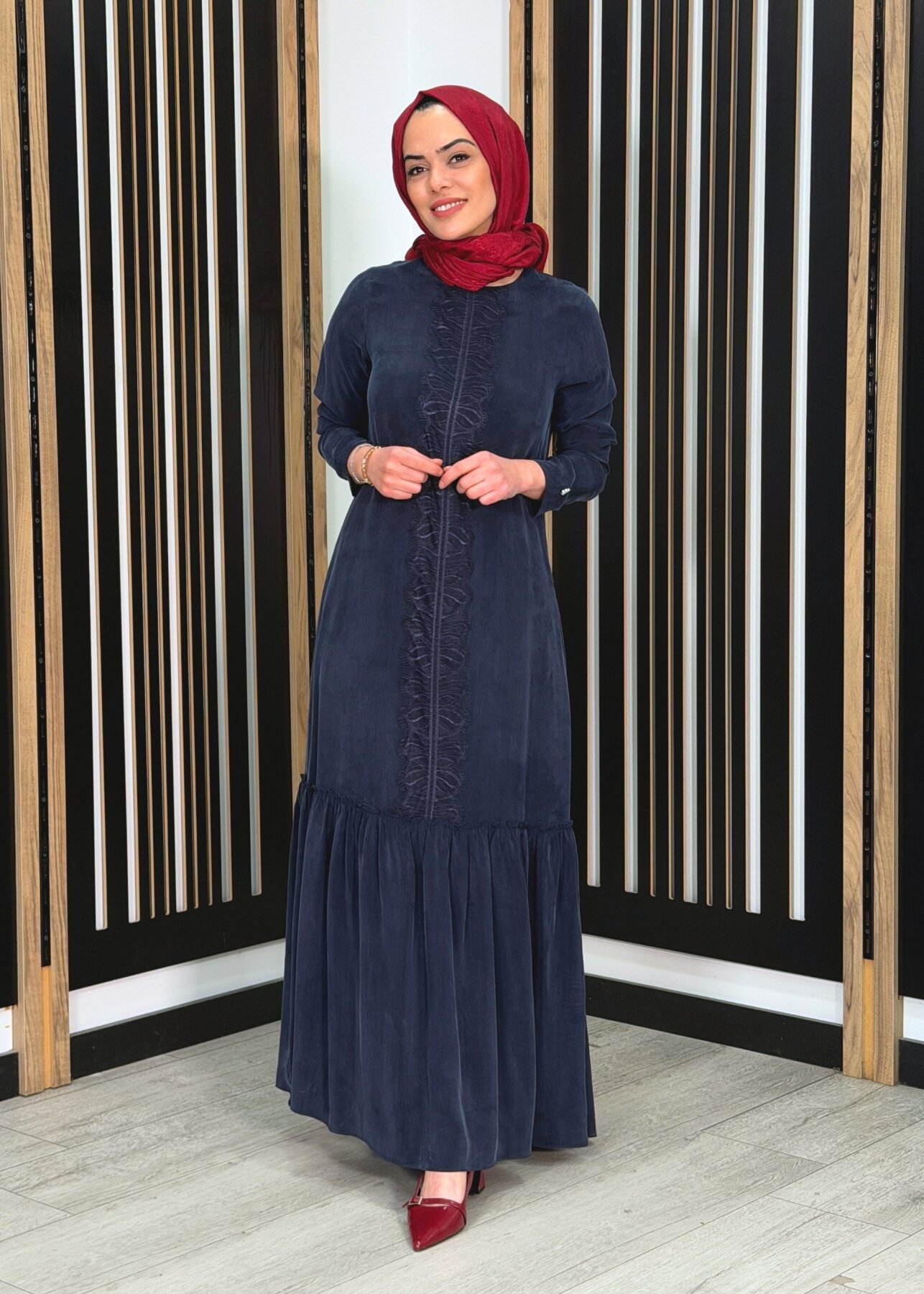 Miss Dalida Önü Dantelli Cupro Elbise Dark Navy - 2