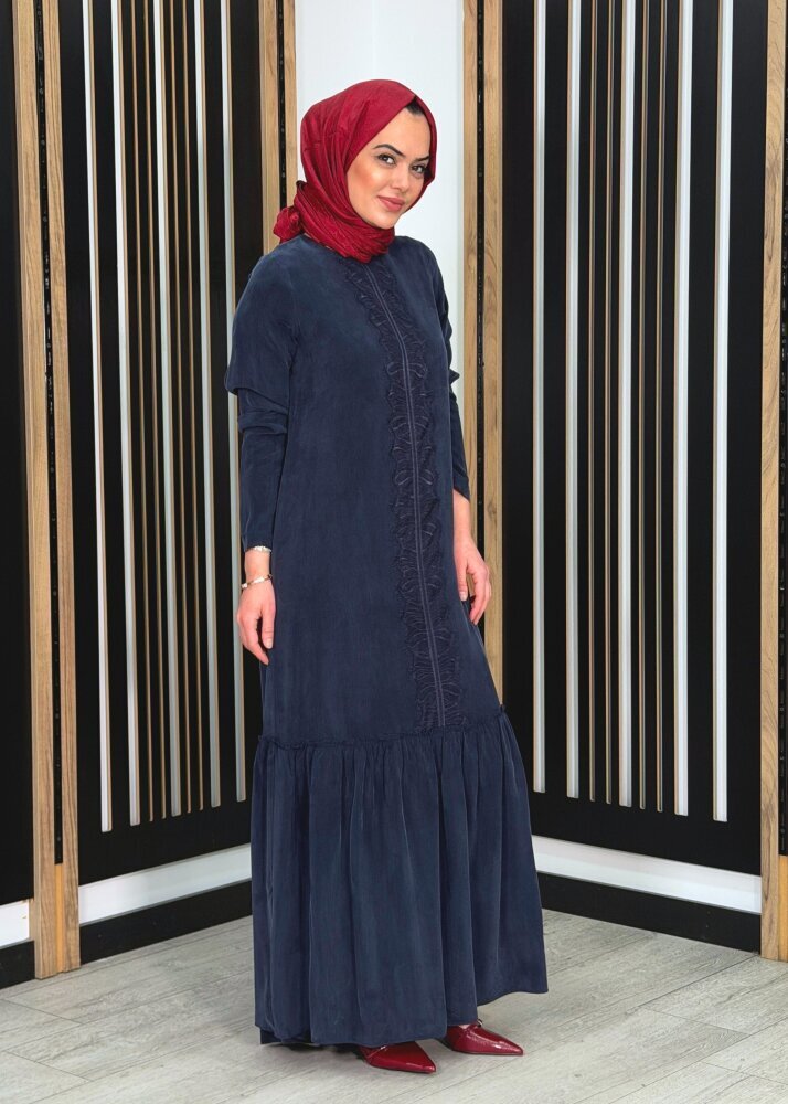 Miss Dalida Önü Dantelli Cupro Elbise Dark Navy - 3