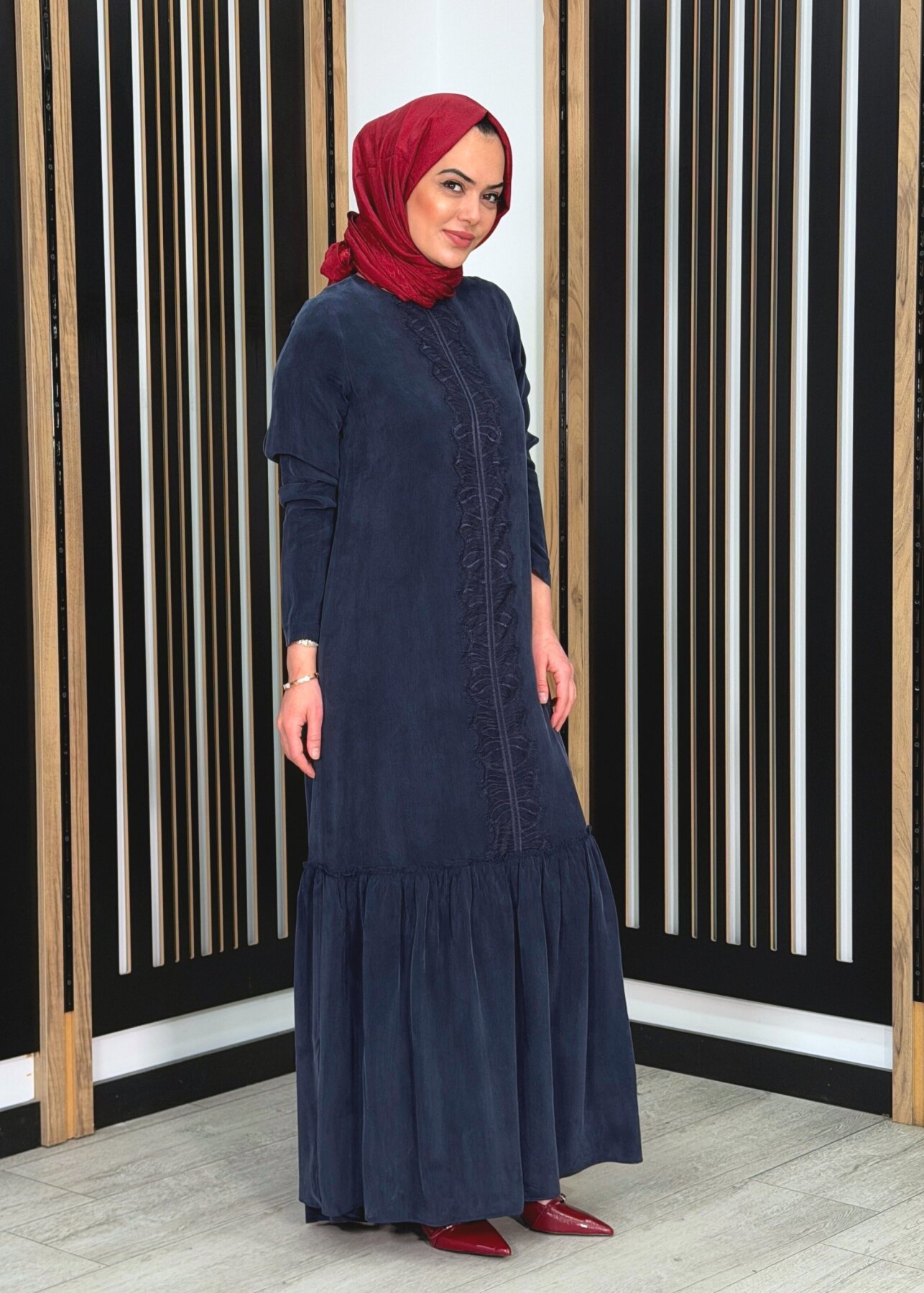 Miss Dalida Önü Dantelli Cupro Elbise Dark Navy - 3