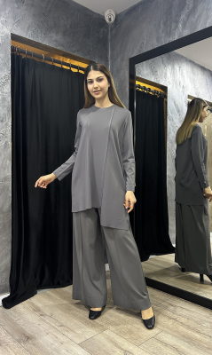 Miss Dalida Önü Dikiş Detaylı Bol Paça Triko Pantolon ANTRASİT - 1