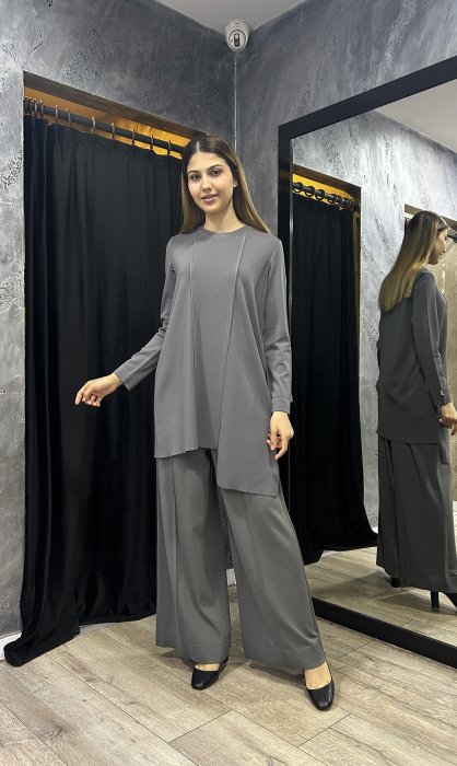 Miss Dalida Önü Dikiş Detaylı Bol Paça Triko Pantolon ANTRASİT - 1