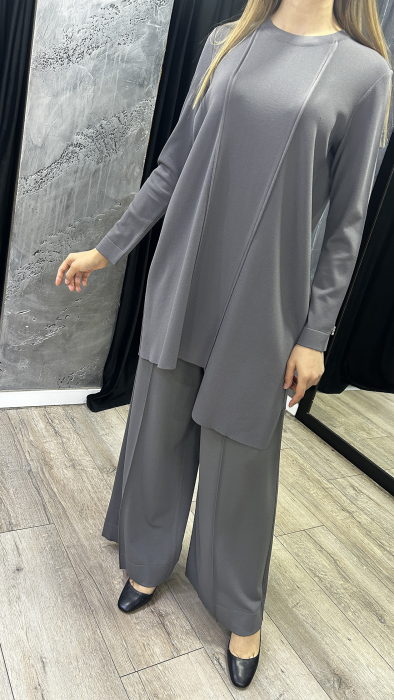 Miss Dalida Önü Dikiş Detaylı Bol Paça Triko Pantolon ANTRASİT - 4