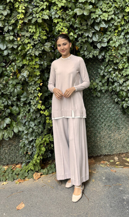 Miss Dalida Önü Dikişli Bol Paça Pantolon Stone - 1